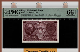 TT PK 31c 1944 ITALY BIGLIETTO di STATO 5 LIRE PMG 66 EPQ GEM UNCIRCULATED