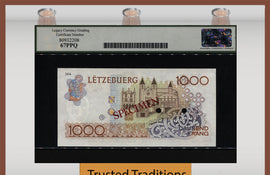 TT PK 59s 1985 LUXEMBOURG 1000 FRANCS SPECIMEN LCG 67 PPQ SUPERB GEM NEW