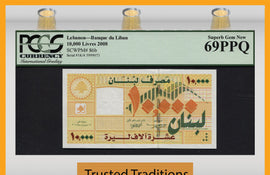 TT PK 0086b 2008 LEBANON BANQUE DU LIBAN 10000 LIVRES PCGS 69 PPQ SUPERB GEM NEW
