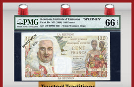 TT PK 0049s 1960 REUNION 100 FRANCS "SPECIMEN" PMG 66 EPQ POP ONE FINEST KNOWN!