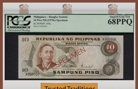 TT PK 0149s 1970 PHILIPPINES 10 PISO "SPECIMEN" PCGS 68PPQ SUPERB GEM NEW POP ONE