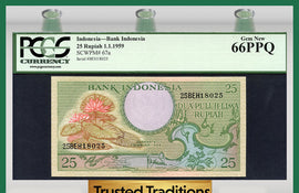 TT PK 0067a 1959 INDONESIA 25 RUPIAH BANK INDONESIA PCGS 66 PPQ GEM NEW!