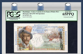 TT PK 0030s 1947-49 MARTINIQUE 50 FRANCS "D'ESNAMBUC" PCGS 65 PPQ GEM NONE FINER