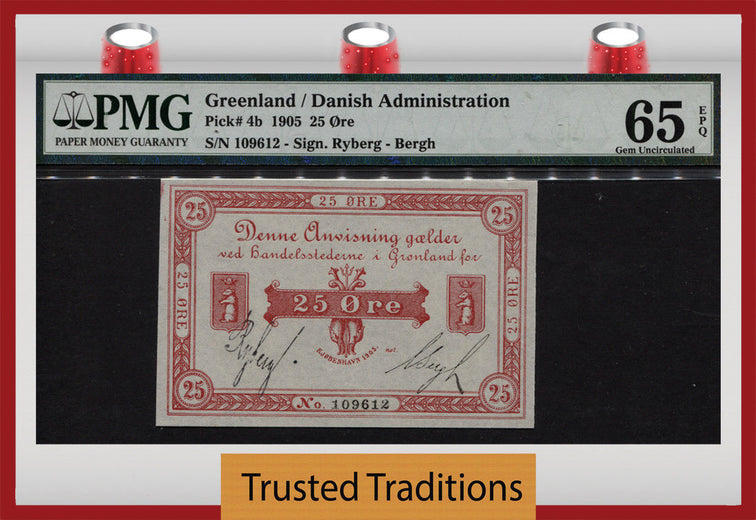 TT PK 0004b 1905 GREENLAND 25 ORE PMG 65 EPQ GEM UNCIRCULATED ONLY TWO FINER!