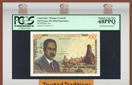 TT PK 0010s 1962 CAMEROUN 100 FRANCS "SPECIMEN" PCGS 68 PPQ SUPERB NONE FINER!