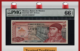 TT PK 0064d 1977 MEXICO - BANCO DE MEXICO 20 PESOS PMG 66 EPQ GEM UNC POP SEVEN!