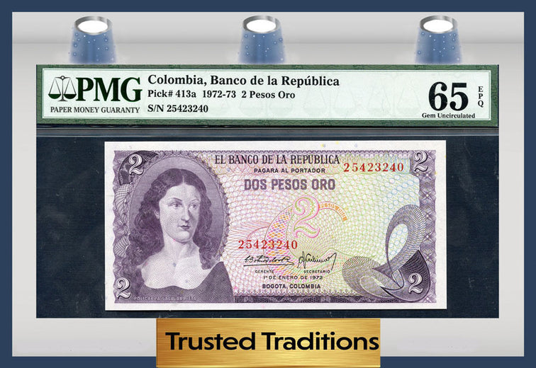 TT PK 0413a 1972-73 COLOMBIA BANCO DE LA REPUBLICA 2 PESOS ORO PMG 65 EPQ GEM!