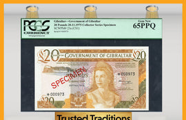 TT PK 0023a (CS1) 1975 GIBRALTAR 20 POUNDS "QUEEN ELIZABETH II" "SPECIMEN" PCGS 65