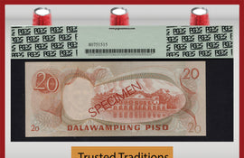 TT PK 0150s 1970 PHILIPPINES BANGKO SENTRAL 20 PISO "SPECIMEN" PCGS 67 PPQ SUPERB