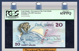 TT PK 0005s 1987 COOK ISLANDS 20 DOLLARS "SPECIMEN" PCGS 65 PPQ POP 3 IN THIS LEVEL