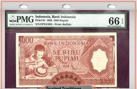 TT PK 0061 1958 INDONESIA 1000 RUPIAH PMG 66 EPQ GEM UNCIRCULATED ONLY THREE FINER