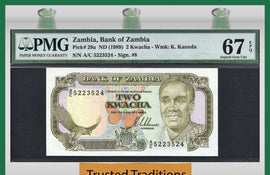 TT PK 0029a 1989 ZAMBIA 2 KWACHA "PRESIDENT KAUNDA" PMG 67 EPQ SUPER GEM UNC POP 1