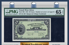 TT PK 0030b 1942 FRENCH WEST AFRICA 25 FRANCS PMG 65 EPQ GEM UNCIRCULATED!