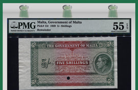 TT PK 0012r 1939 MALTA 5/- SHILLINGS "KING GEORGE VI" "RARE" PMG 55 EPQ POP ONE!