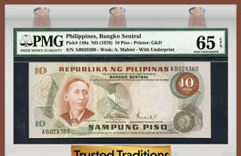 TT PK 0149a 1970 PHILIPPINES 10 PISO PMG 65 EPQ GEM UNCIRCULATED FINEST KNOWN