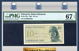 TT PK 0092a 1964 INDONESIA 10 SEN PMG 67 EPQ SUPERB GEM UNC. ONLY FEW GRADED FINER