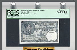 TT PK 0097b 1928 BELGIUM 5 FRANCS "KING ALBERT AND QUEEN ELIZABETH" PCGS 66 PPQ