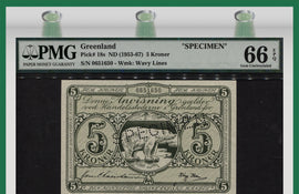 TT PK 0018s ND (1953-67) GREENLAND 5 KRONER "SPECIMEN" PMG 66 EPQ GEM UNCIRCULATED