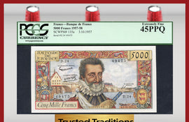 TT PK 0135a 1957-58 FRANCE 5000 FRANCS "HENRY IV" PCGS 45 PPQ EXTREMELY FINE!