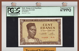 TT PK 0002 1960 MALI 100 FRANCS "MODIBO KEITA" PCGS 67 PPQ SUPERB GEM FINEST KNOWN!