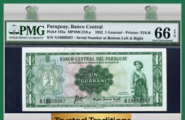 TT PK 0193a 1952 PARAGUAY 1 GUARANI PMG 66 EPQ GEM POP ONE IN THIS GRADE LEVEL!