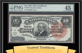 TT FR 0293 1886 $10 SILVER CERTIFICATE "TOMBSTONE" LARGE RED SEAL PMG 45 POP 2
