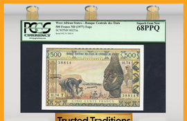 TT PK 0802Tm 1977 WEST AFRICAN STATES 500 FRANCS PCGS 68 PPQ SUPERB NONE FINER!