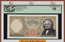 TT PK 0100b 1970 ITALY 100000 LIRE "A. MANZONI" PCGS 58 CHOICE ABOUT NEW