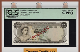 TT PK 0039as 1974 BAHAMAS $20 "ELIZABETH II" "SPECIMEN" PCGS 67 PPQ SUPERB TOP POP