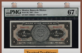 TT PK 0059j 1967 MEXICO 1 PESO PMG 67 EPQ SUPERB GEM UNC FINEST KNOWN NONE FINER!