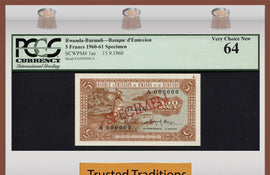 TT PK 0001as 1960-61 RWANDA-BURUNDI 5 FRANCS "SPECIMEN" "IMPALA" PCGS 64 POP ONE!