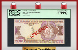 TT PK 0004s 1989 VANUATU 5000 VATU "LONG GOD YUMI STANAP" PCGS 67 PPQ SUPERB GEM