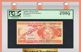 TT PK 0005s 1993 VANUATU 500 VATU SPECIMEN "MELANASIAN CHIEF" PCGS 67 PPQ RARE!