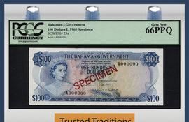 TT PK 0025s 1965 BAHAMAS $100 "ELIZABETH II" "SPECIMEN" PCGS 66 PPQ ONLY ONE FINER