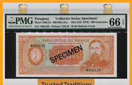 TT PK 0199CS1 1979 PARAGUAY 100 GUARANIES "COLL SERIES SPECIMEN" PMG 66 EPQ GEM
