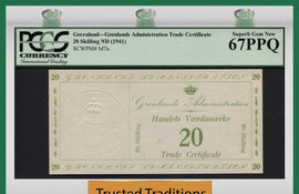 TT PK M0007a 1941 GREENLAND 20 SKILLING MILITARY ISSUE PCGS 67 PPQ FINEST KNOWN