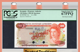 TT PK 0033s 1982-86 BERMUDA $100 "ELIZABETH II" "SPECIMEN" PCGS 67 PPQ NONE FINER!
