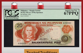 TT PK 0150s 1970 PHILIPPINES BANGKO SENTRAL 20 PISO "SPECIMEN" PCGS 67 PPQ SUPERB