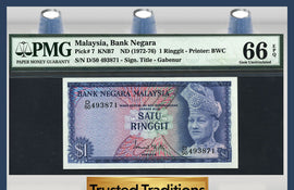 TT PK 0007 1972-76 MALAYSIA 1 RINGGIT PMG 66 EPQ GEM UNCIRCULATED!