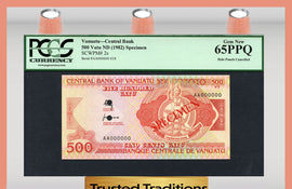 TT PK 0002s 1982 VANUATU 500 VATU SPECIMEN "MELANASIAN CHIEF" PCGS 65 PPQ RARE!
