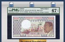 TT PK 0003s 1978-84 GABON 1000 FRANCS "O. BONGO" SPECIMEN PMG 67 EPQ SUPERB POP 5!