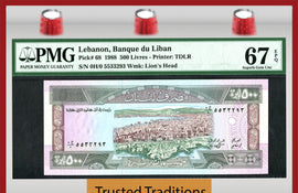 TT PK 0068 1988 LEBANON BANQUE DU LIBAN 500 LIVRES PMG 67 EPQ SUPERB GEM!