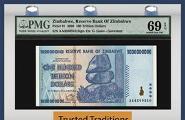 TT PK 0091 2008 ZIMBABWE 100 TRILLION DOLLARS RESERVE BANK PMG 69 EPQ SUPERB GEM