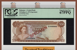 TT PK 0040as 1974 BAHAMAS $50 "ELIZABETH II" "SPECIMEN" PCGS 67 PPQ SUPERB TOP POP