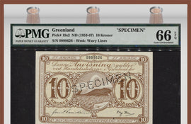 TT PK 0019s2 ND (1953-67) GREENLAND 10 KRONER SPECIMEN PMG 66 EPQ GEM UNCIRCULATED