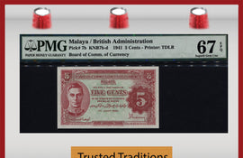 TT PK 0007b 1941 MALAYA BRITISH ADMINISTRATION 5 CENTS PMG 67 EPQ SUPERB GEM UNC!!!