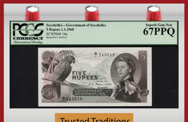 TT PK 0014a 1968 SEYCHELLES 5 RUPEES QUEEN ELIZABETH II & PARROT PCGS 67 PPQ!