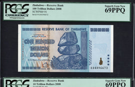 TT PK 0091 & PK 88 2008 ZIMBABWE 100 & 10 TRILLION SET OF 2 NOTES PCGS 69 PPQ