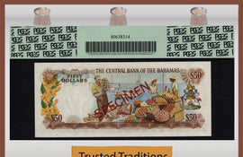 TT PK 0040as 1974 BAHAMAS $50 "ELIZABETH II" "SPECIMEN" PCGS 67 PPQ SUPERB TOP POP