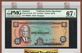 TT PK 0061aCS2 1977 JAMAICA 5 DOLLARS "COLLECTOR SERIES SPECIMEN" PMG 67 EPQ